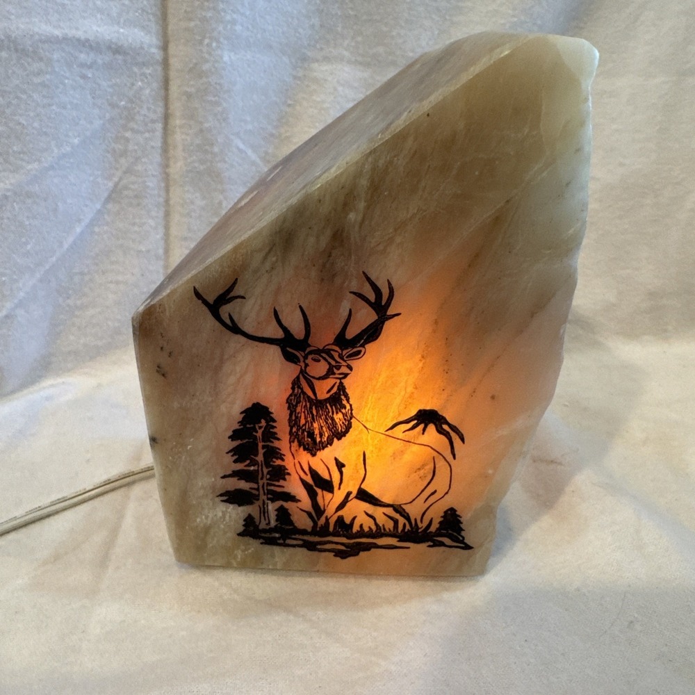 Onyx Carved Stone Etched Deer Buck Accent Table Lamp Night Light Vintage HEAVY